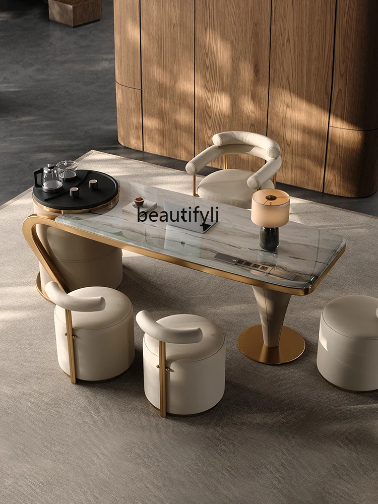 

Natural luxury stone tea table Light luxury villa tea table Drinking tea Office integrated multi-functional designer
