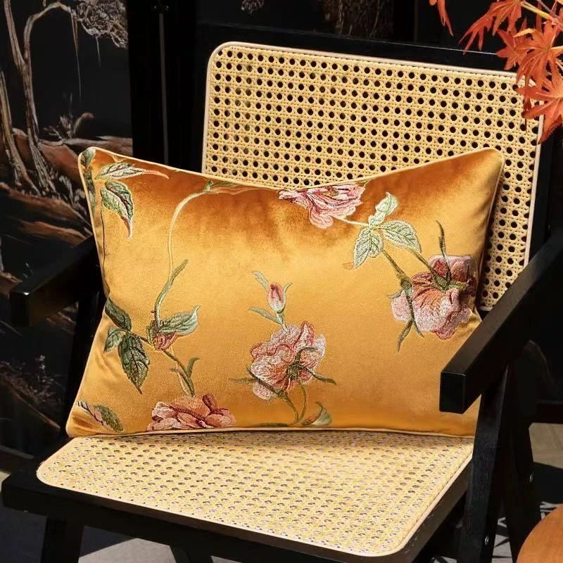 Luxury Floral Embroidery Home Chair Decorative Pillow Cover Lumbar Armchair Sofa Velvet Cushion Cover 35x50cm 1 Piece Pack