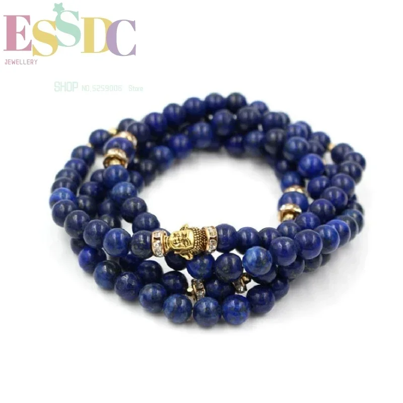 Hot Sale Buddhist 108 Mala Lapis Lazuli Beads or Necklace Wholesale Elastic Multi Strand Buddha Charm Prayer Bracelet