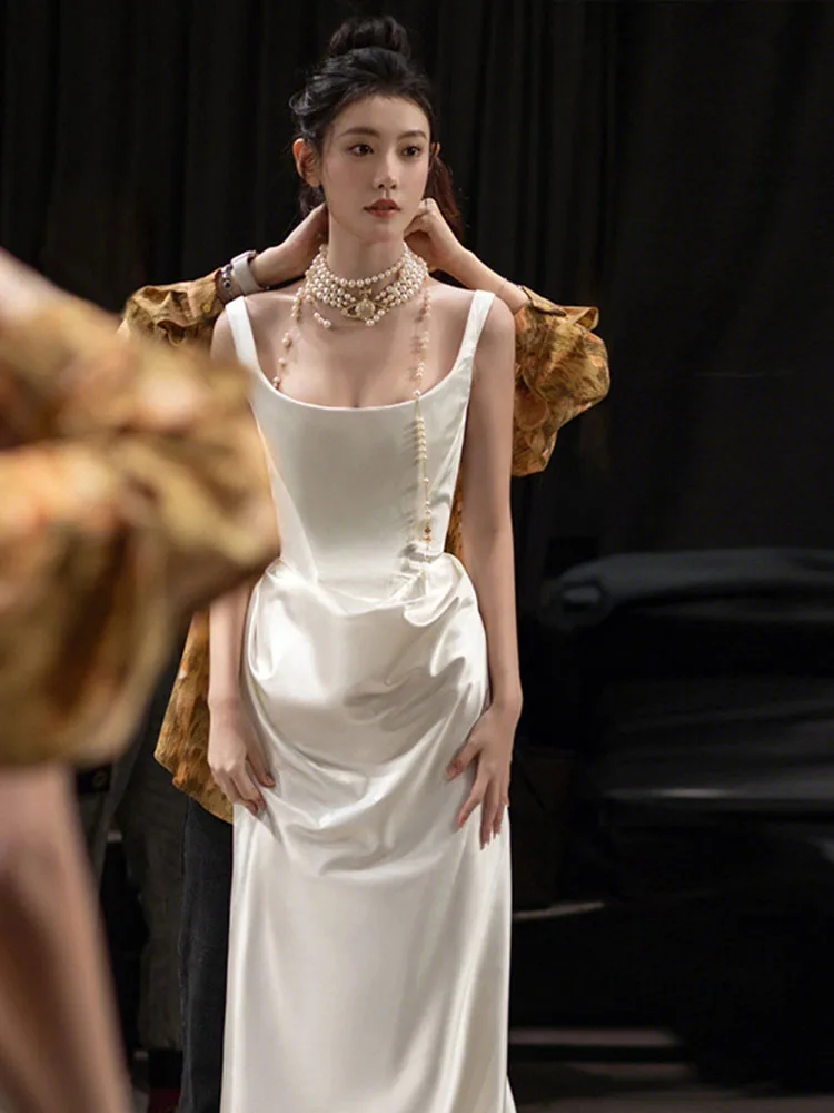 

Satin Strap Wedding Dr Ele Simple Outing eeting White Long Evening Gown for Women mid Waist Zipper Ba Sle