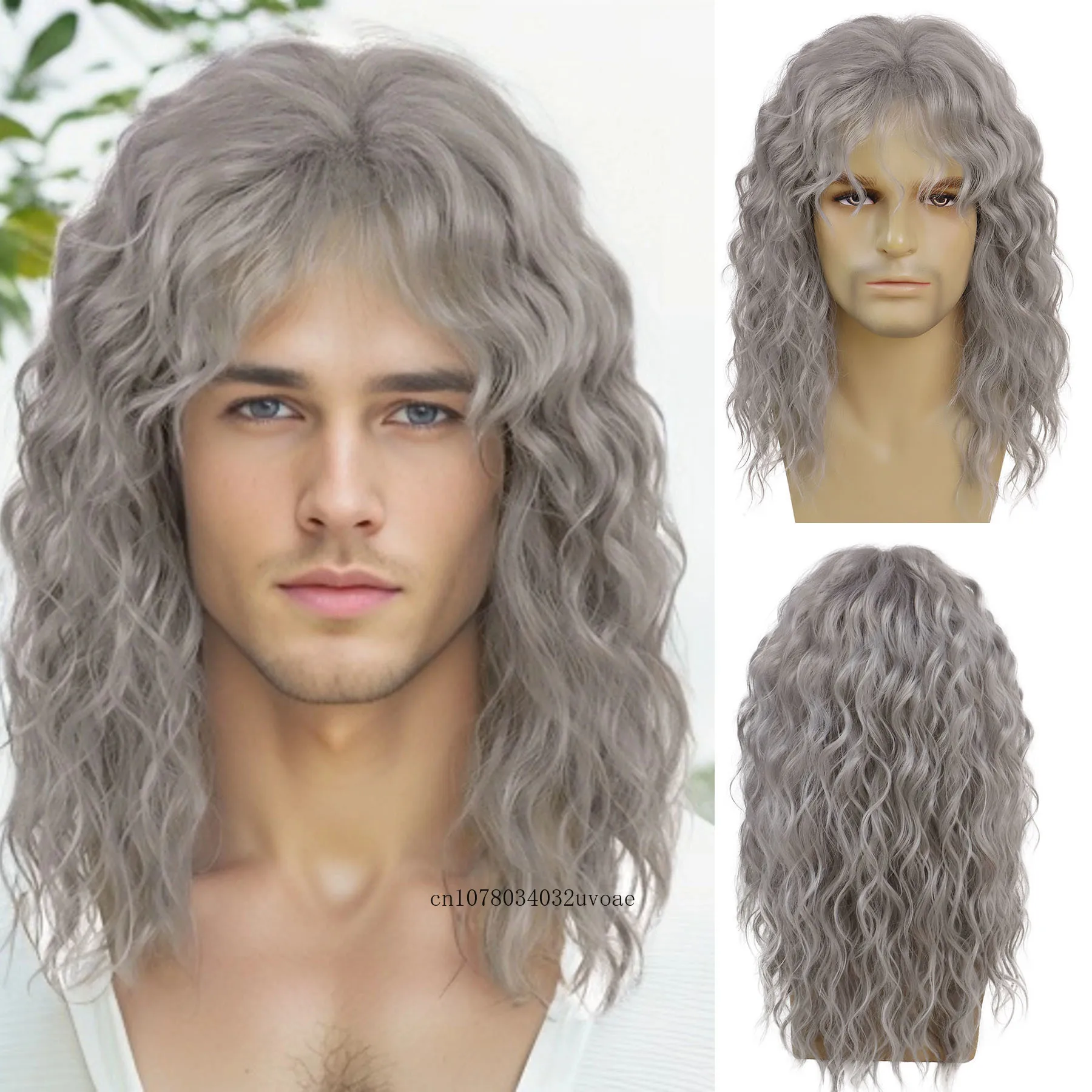 

Synthetic Natural Grey Wig Long Curly Hair for Men Daily Use with Bangs Cancer Patient Gift Outfits Costume Party Cosplay Wigs