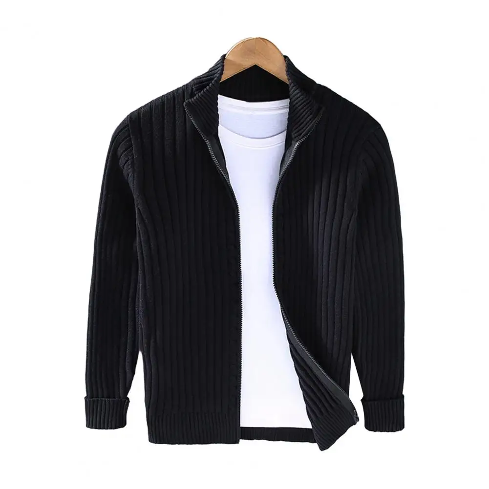 Men Cardigan Sweater Men's Striped Texture Knit Jacket with Zipper Closure Stand Collar for Fall Winter Daily Wear Solid Color