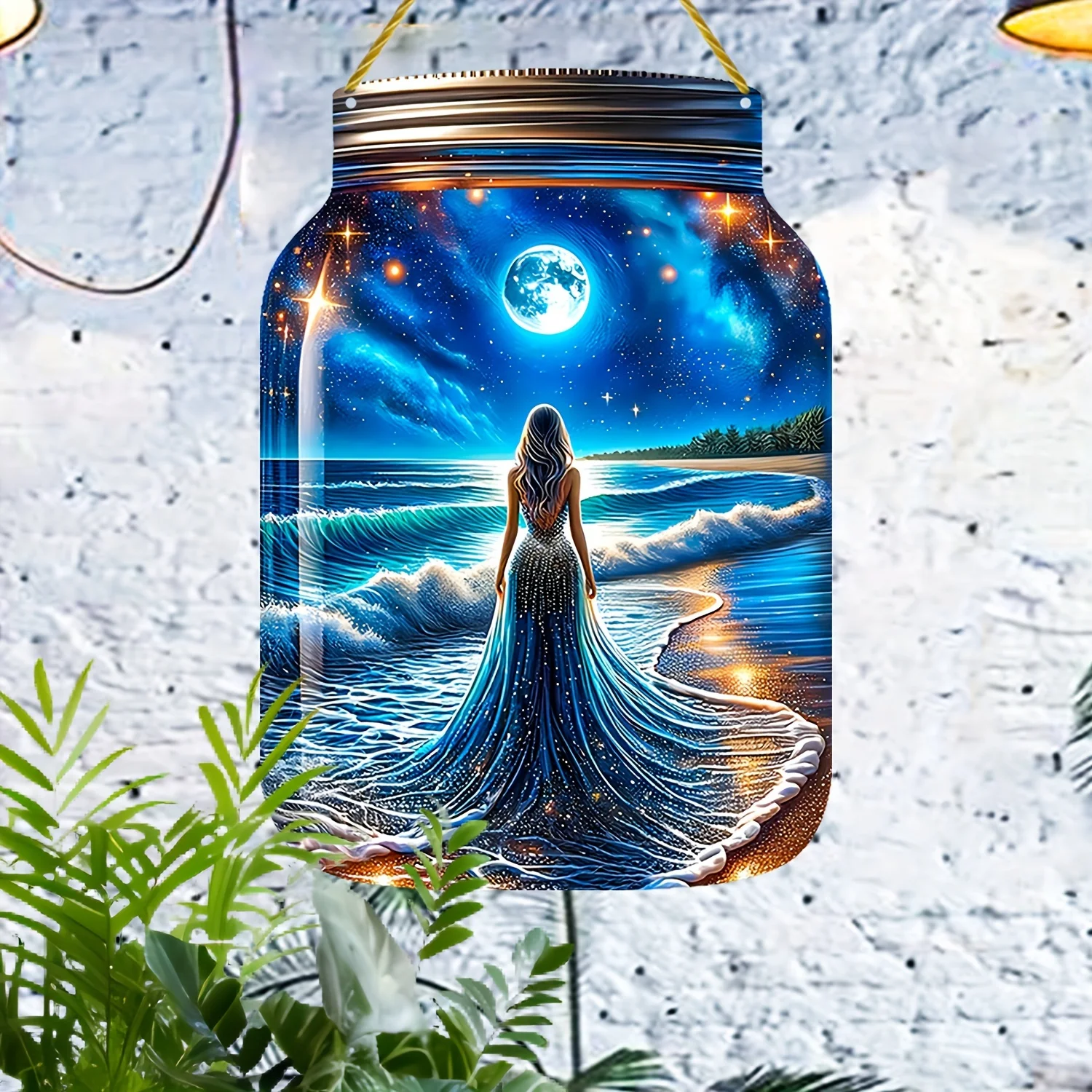 Art Deco - Seascapes Mason Jar Design,Indoor/Outdoor Moonlight Beach Scene,Bar,Cafe,Shops,Restaurant,Supermarket,Gym