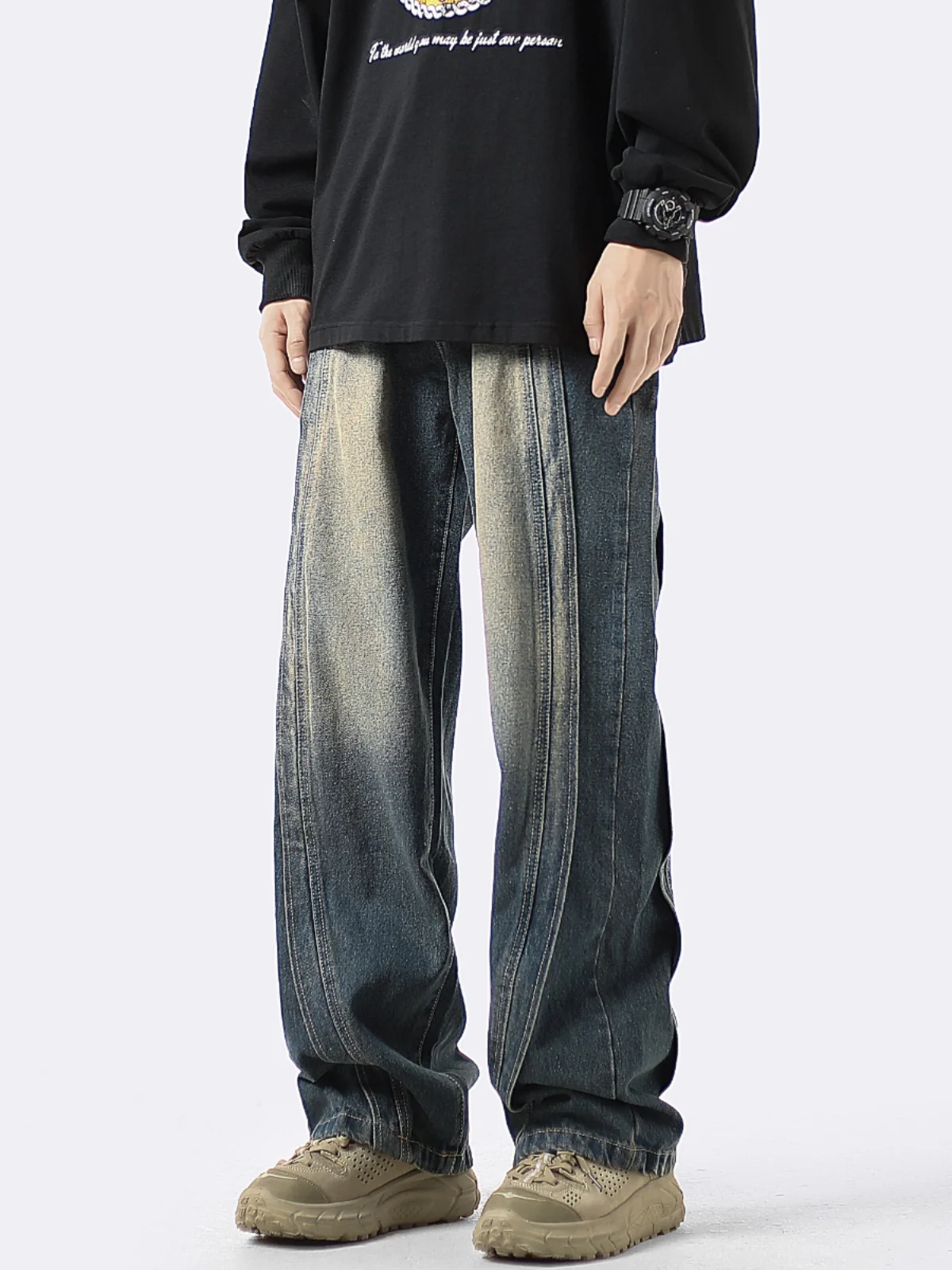 

Мужские джинсы в стиле пэчворк, осенне-зимняя коллекция, свободный крой, широкие штанины, модные винтажные прямые брюки