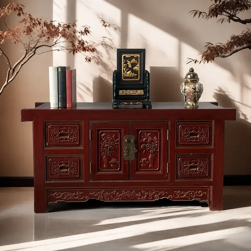 Chinese Solid Wood TV Cabinet Retro Low Console Table Living Room Storage Locker Tea Cabinet Floor Standing Media Unit