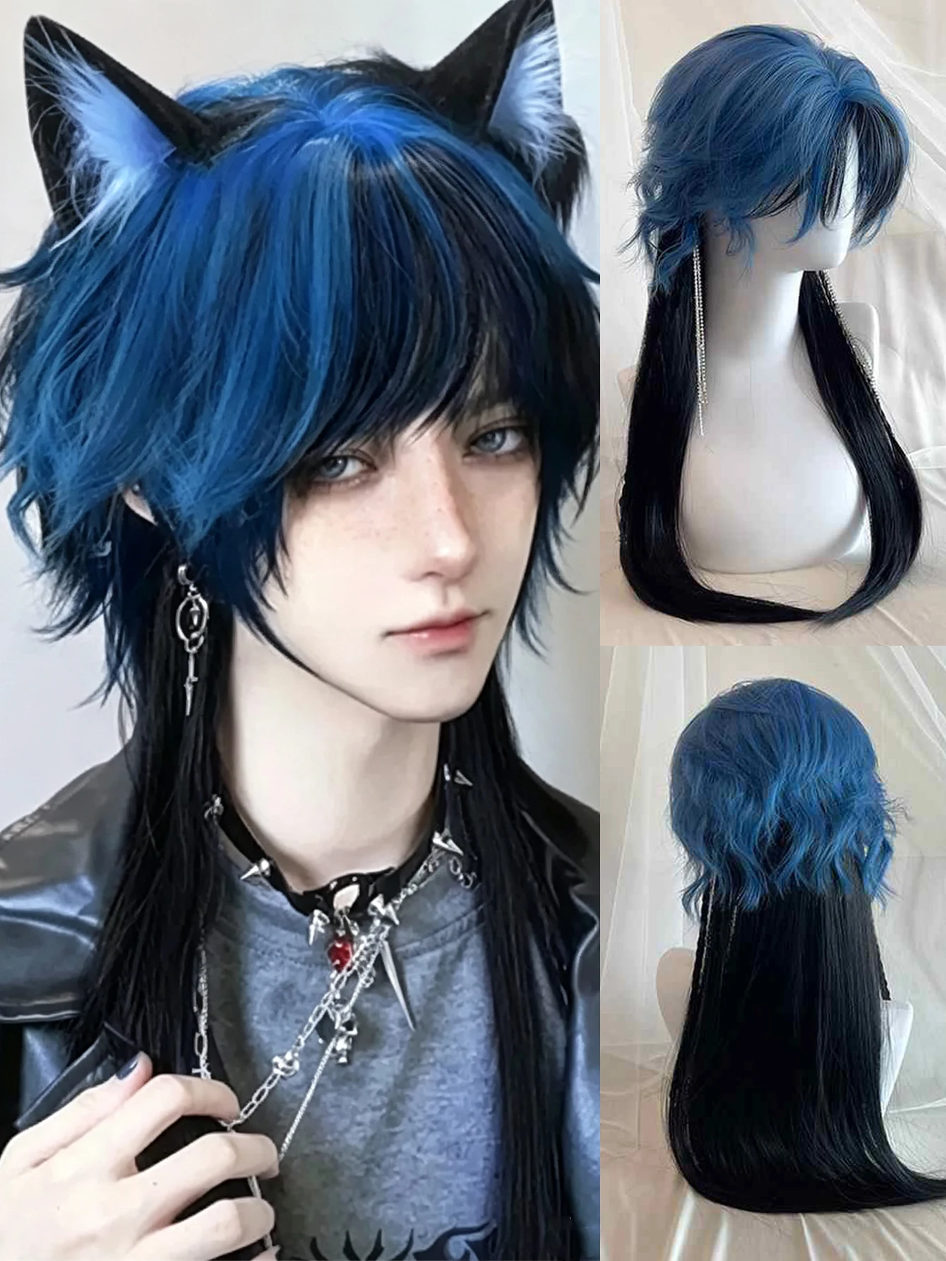 Blue Black Two Tone Jellyfish Haircut Synthetic Wig For Men Layered Long Wig With Air Bangs Halloween Cosplay Costume Wig