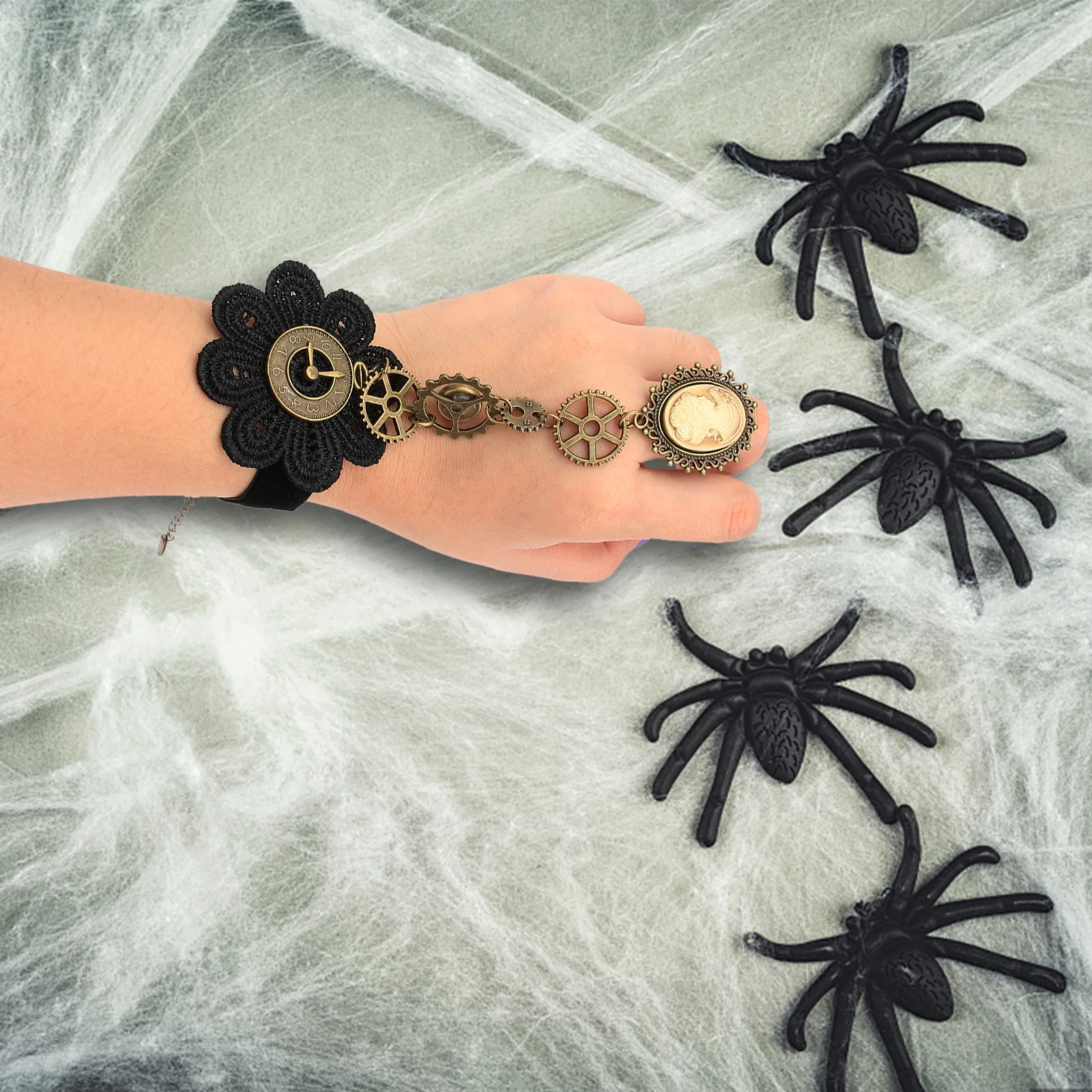 

Vintage Lace With Ring For Women Gothic Steampunk Design Halloween Party Accessory Handmade Comfortable Wrist Wear Eye Catching