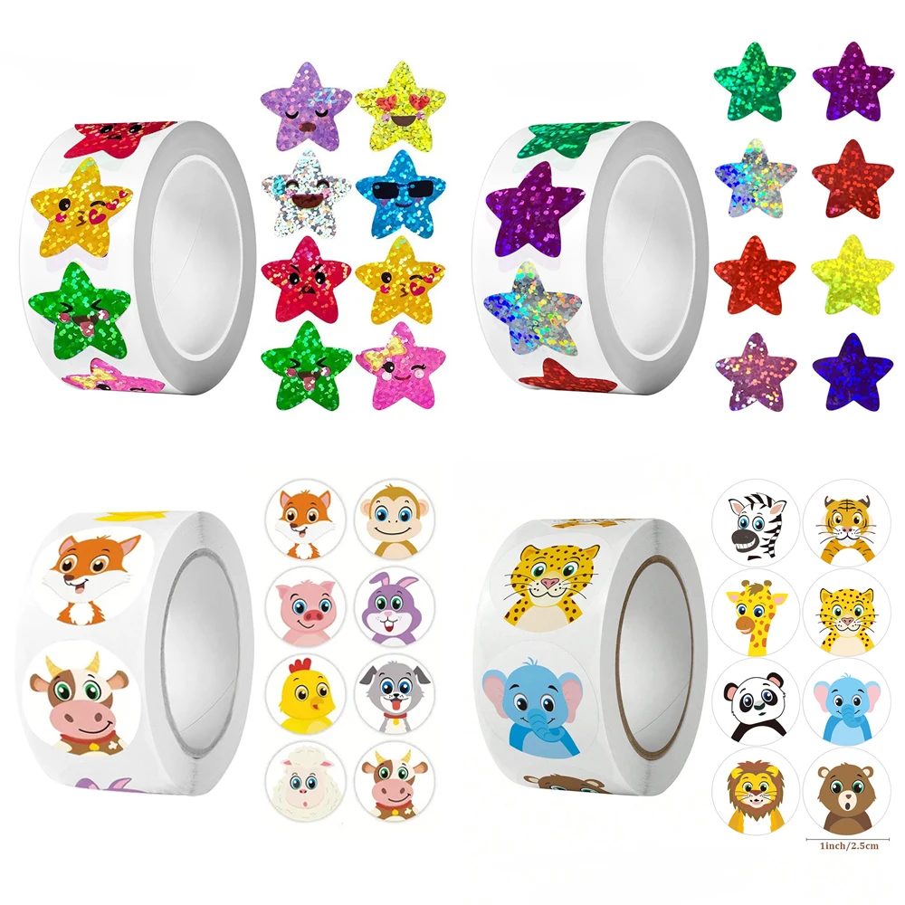 500/1000/1500 stücke Bunte Stern Klebstoff Holographische Stern Aufkleber Zoo Bauernhof Sammelalbum Aufkleber Rolle Etiketten Für Kinder DIY Geschenk Spielzeug
