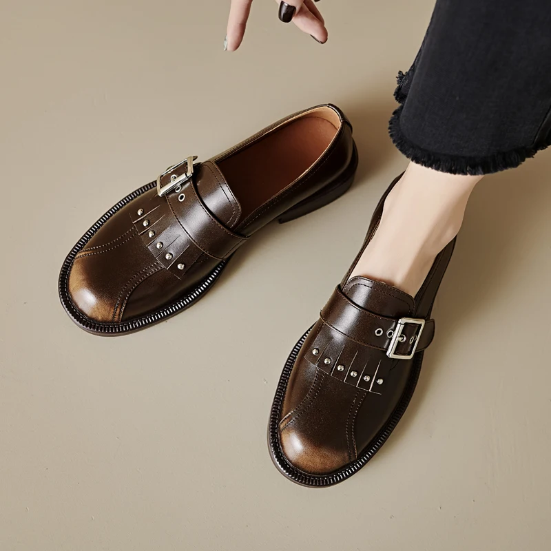 

Hand Made Brogues Leisure Women Oxford Shoes Slip-on Loafers Women Shoes Split Leather Bullock Ladies Thick Heels Shoes 2025 New