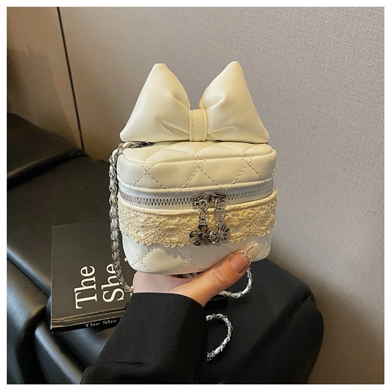 Cute Bow Decor Mini Box Crossbody Bag For Women Sweet Lace Quilted Chain Shoulder Purse Party Dating Small Handbag