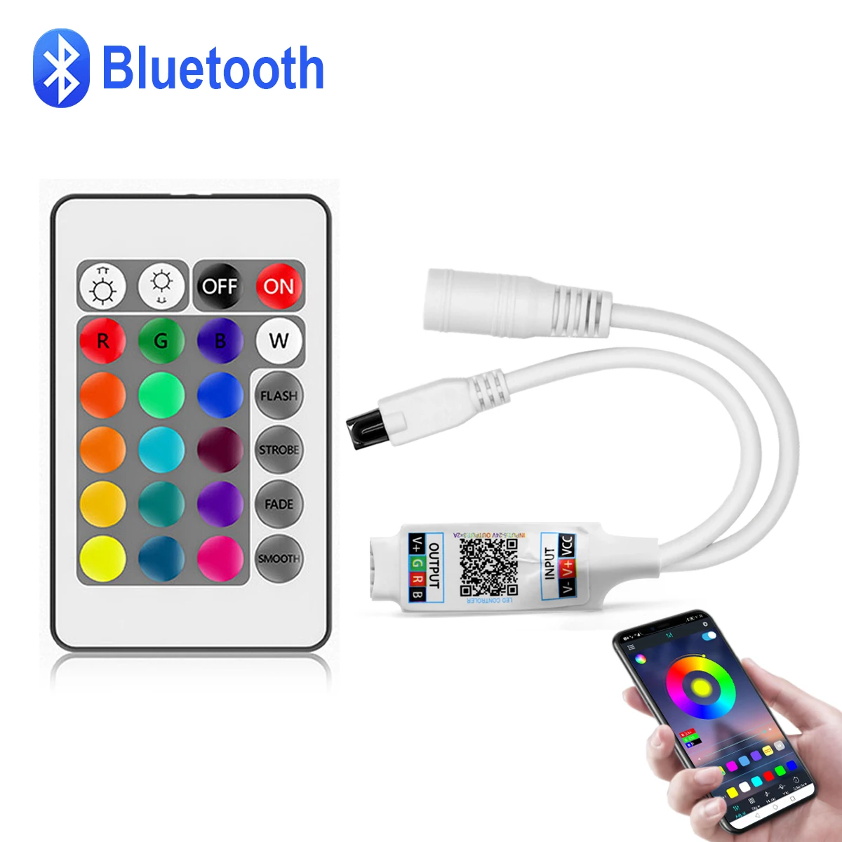 DC12V 4-pinowy kontroler LED Bluetooth APP RGB z 24-klawiszowym pilotem na podczerwień lub aplikacją Bluetooth do 4-pinowego oświetlenia taśmy LED