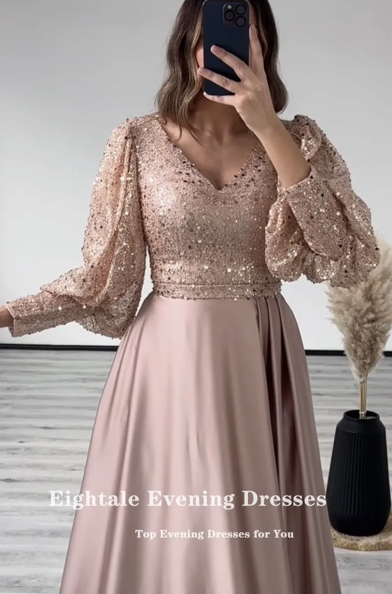 EPackage-Robe de Soirée de Luxe en Satin Rose Champagne, Col en V, Manches sulf, Ligne A, Bal Arabe, Quelle que soit la Taille