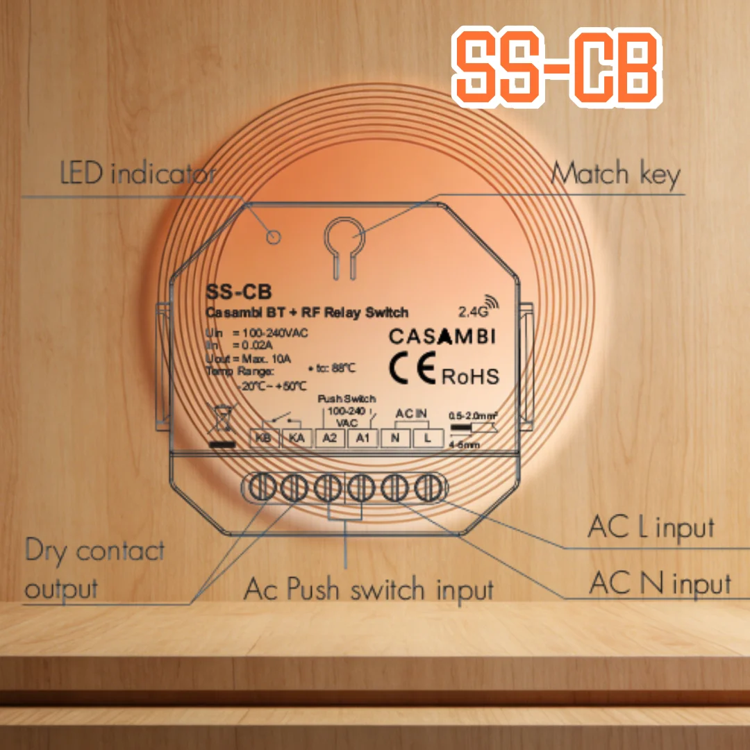 100-240VAC SS-CB Casambi Bluetooth +RF Relay Switch SKYDANCE NEW APP Can be mounted on a rail or in a standard wall junction box
