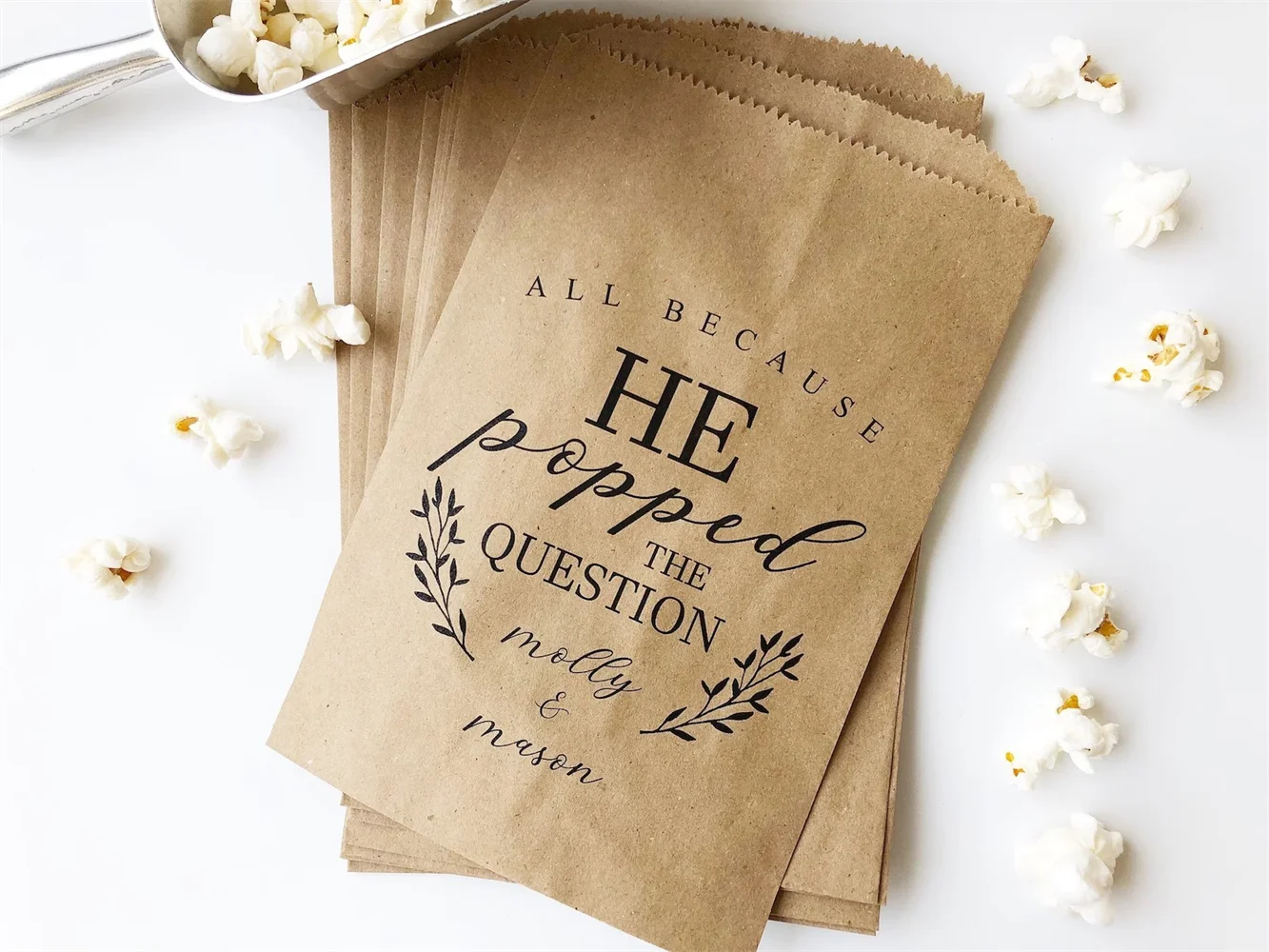 50pcs Wedding Popcorn Bags that read He Popped the Question, Personalized for your Snack Bar and sold in sets