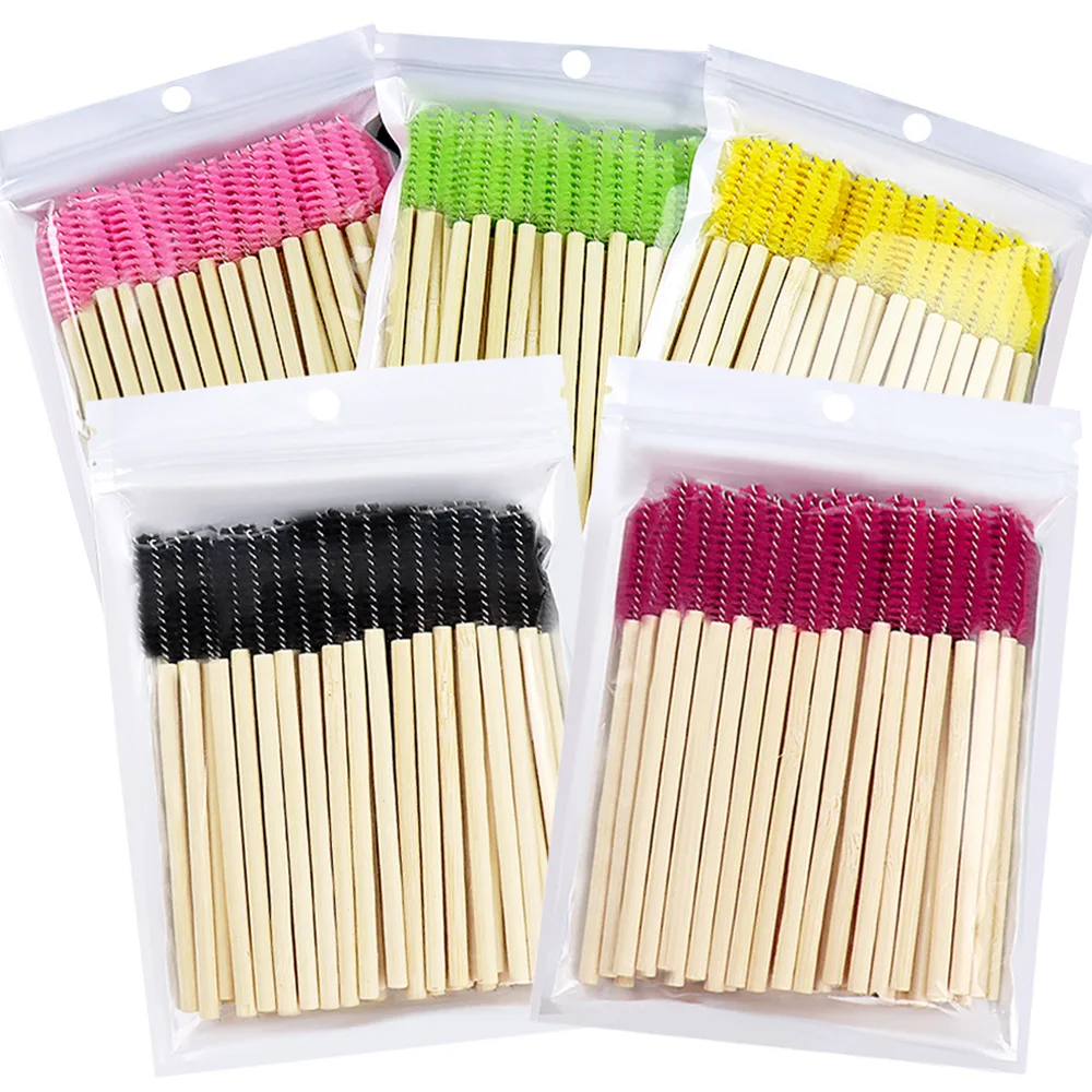 ﻿   Brosse à cils avec manche en bambou, baguettes de Mascara réutilisables, applicateur d'extension de cils, brosse à sourcils, outil de maquillage, 100 pièces