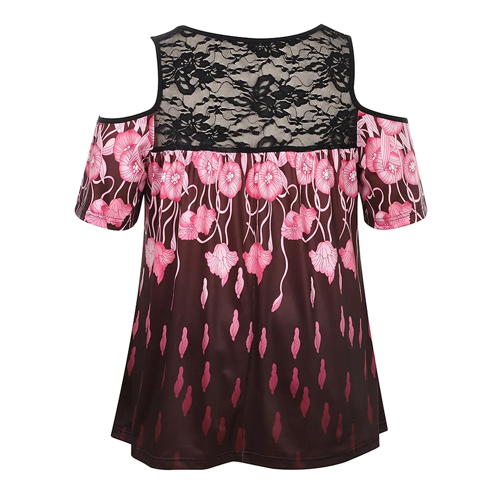 حجم كبير المرأة المطبوعة الأزهار الدانتيل الباردة الكتف كم تي شيرت تونك القمم الصيف السيدات بلوزة كاجوال بلوزة حجم 1XL-5XL