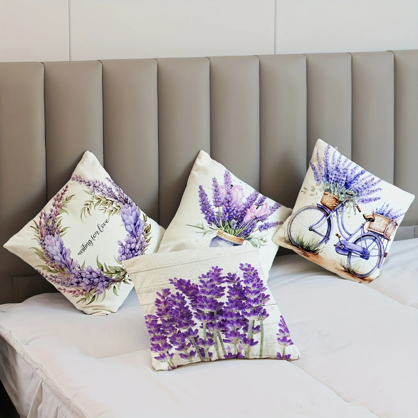 Decorative Printed Lavender Floral Pillow Shams Set 4 Piece Boho Bicycle Spring Summer Home Decor Cushion Polyester Accents for