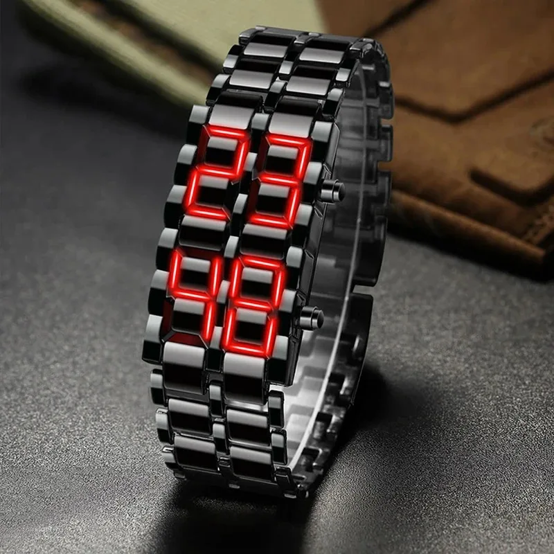 Luxury Mens Digital Lava Wrist Watch Men Black Full Metal Red Blue LED Display Watches Gifts for Male Boy Sport Creative Clock