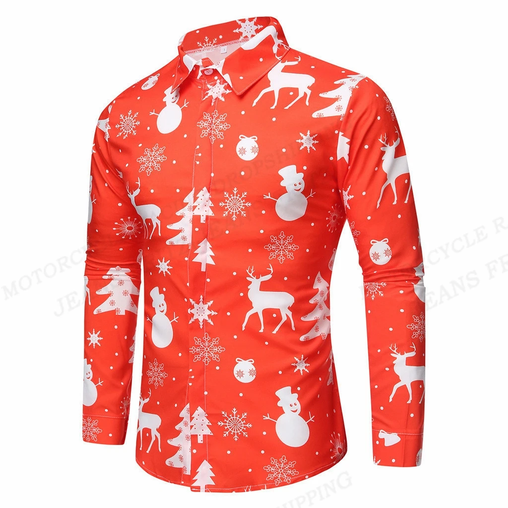 

Christmas 2024 Hawaiian Xmas Long Sleeve Men's Shirt Snowflake Reindeer Snowman Fashion Beach Clothes For Men Clothing Vacation