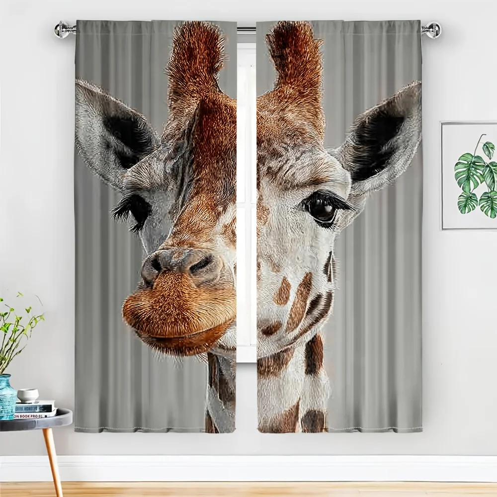 2pcs Photorealistic Giraffe Face Curtains No Rod Split Design Safari Kids Room Blackout for Nursery Living Room Decor
