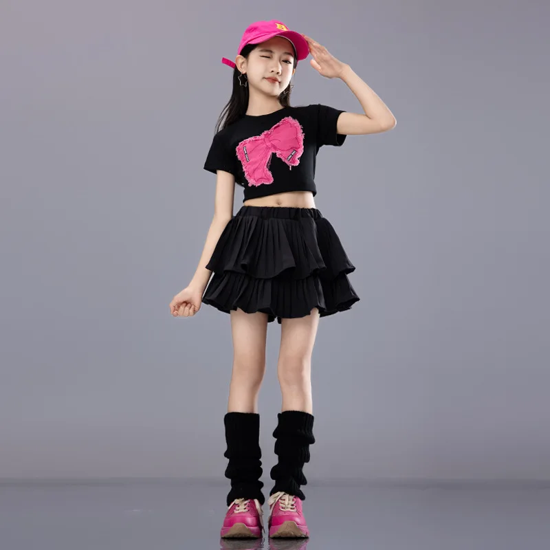 

Kid Cute Hip Hop Clothing Black Butterfly T Shirt Crop Top Layered Pleated Mini Skirt for Girls Jazz Dance Wear Costume Clothes