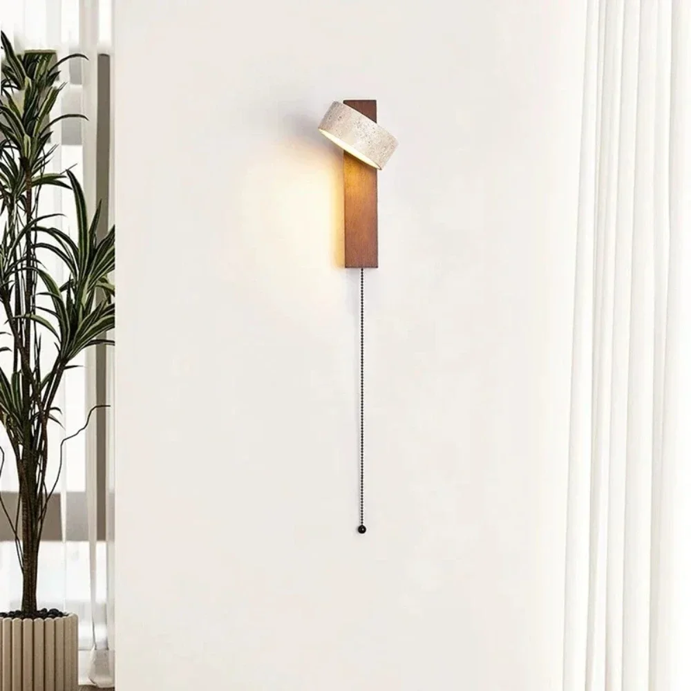 Cream Style Bedroom Bedside Wall Lamp with Pull Switch Wire Rotatable Led Light Marble Homestay Log Wood Walnut Soft Down Lights