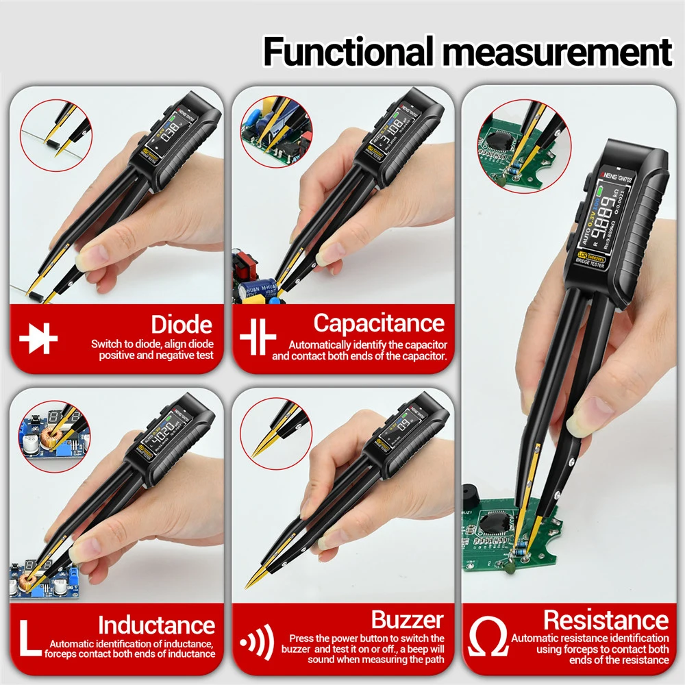 SMD Tester LCR Tweezers Meter, 100Hz-10KHz OLED Display, Resistance Capacitance Inductance Diode Test for PCB Repair