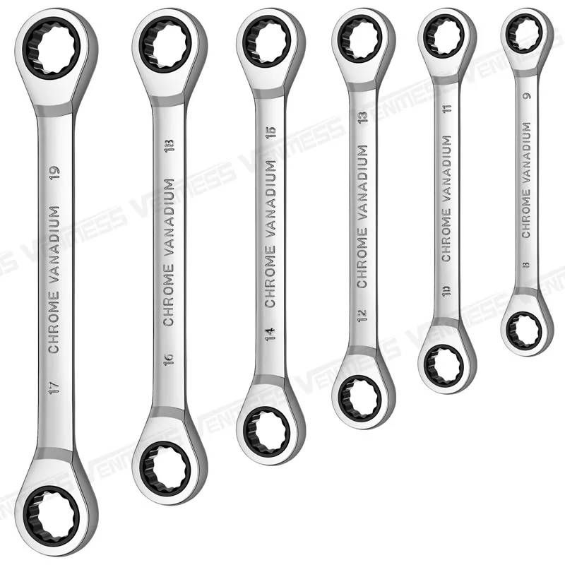 Zestaw kluczy grzechotkowych z podwójnym koncem, wytrzymałe klucze kombinowane Cr-V z grzechotką Zestaw kluczy zębatych z organizerem na stojak