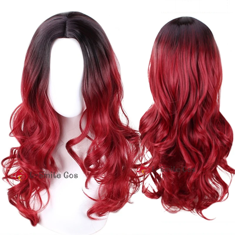 Gamora – perruque pour femmes, cheveux longs ondulés, rouge, noir, ombré, film, Anime, Cosplay, Halloween, avec bonnet de perruque