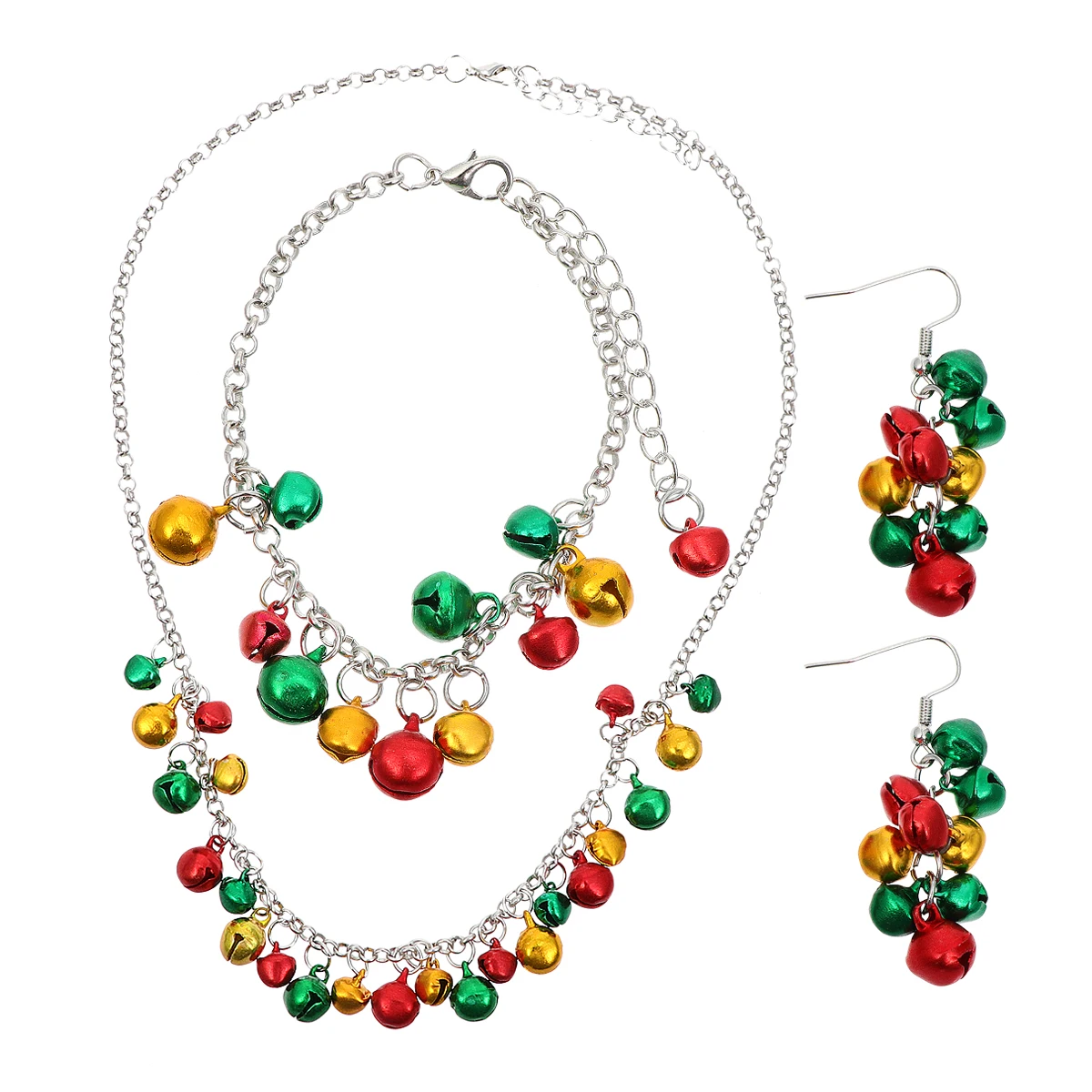 

4Pcs Christmas Jewelry Set Colorful Bell Necklace Bracelet Earrings Perfect for Xmas Parties Dates Family Events