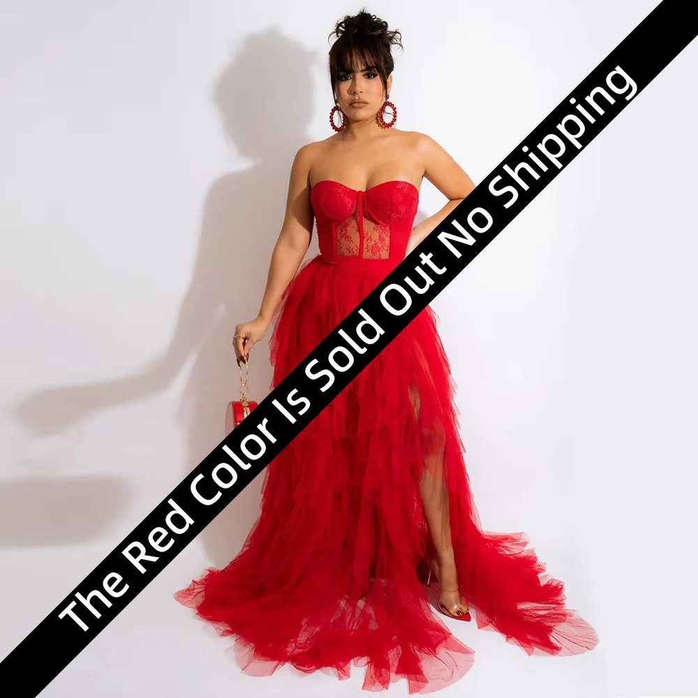 

Plus Size Women Sexy Sheer Party Dress Solid Lace Tiered Off-Shoulder Sleeveless Fashion Maxi Split Evening Wedding Prom Dresses