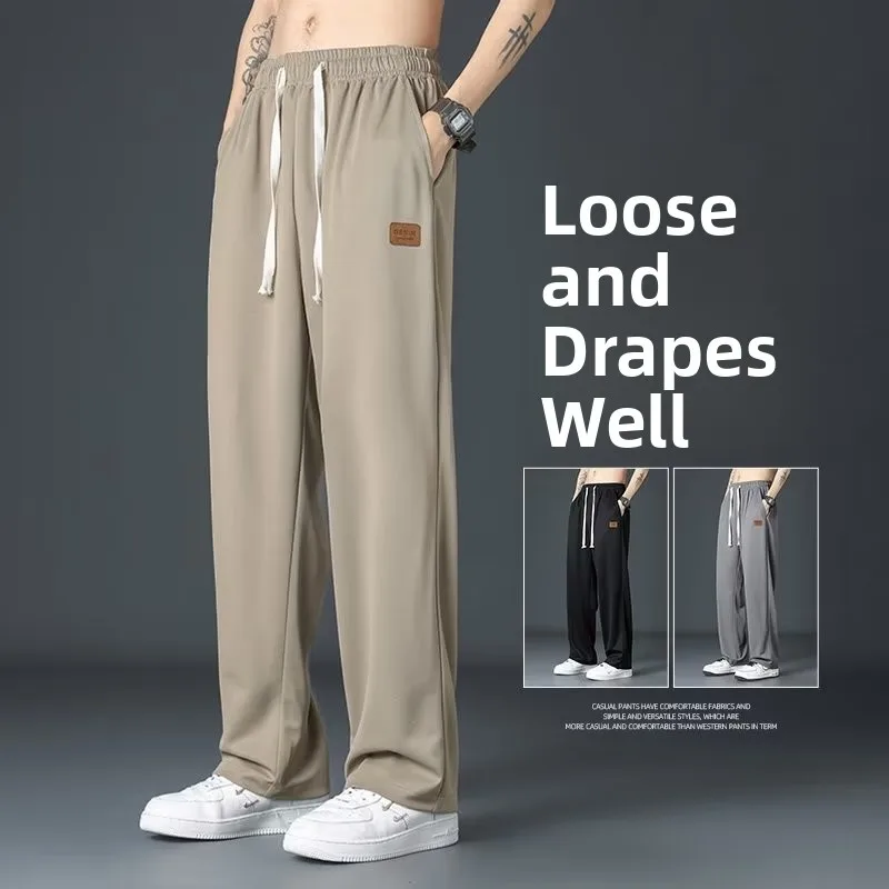 

Быстросохнущие мужские повседневные брюки из ледяного шелка, летние тонкие прямые свободные спортивные брюки с драпировкой, модные брендовые повседневные брюки