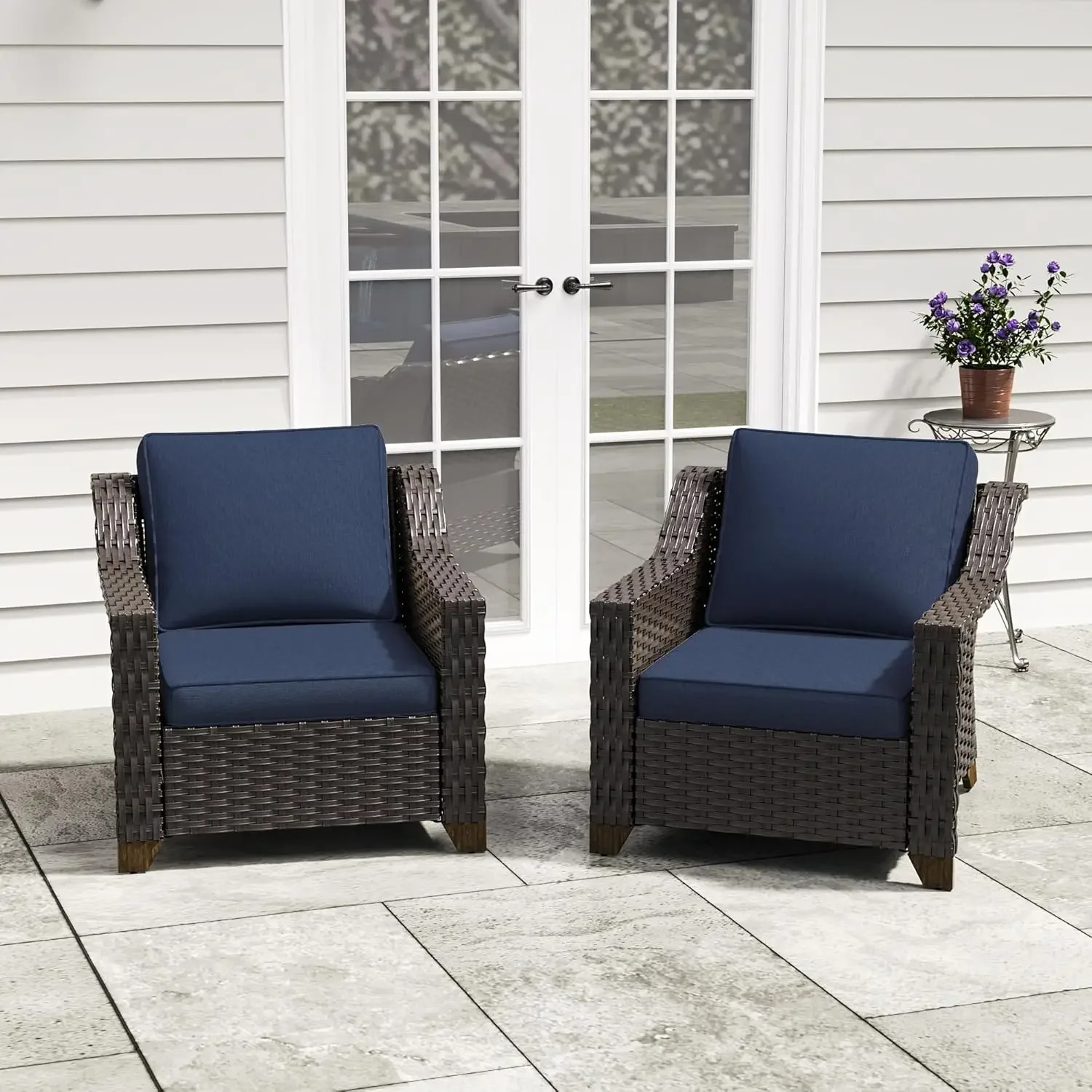 Poltrone da esterno in rattan PE da 2 pezzi con cuscini lavabili, blu navy