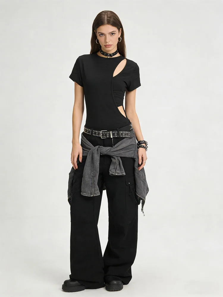 

Новый летний женский модный комбинезон в уличном стиле, однотонный, с круглым вырезом, облегающий, в стиле Y2K.