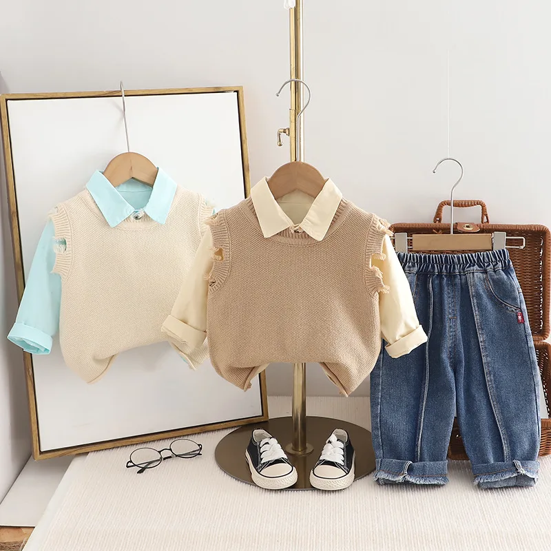 

Boys Clothes Sets Spring Autumn 2025 Children Woolen Jersey Vest Tops Shirts Denim Pants 3pcs Suit For Baby Jeans Tracksuits Kid
