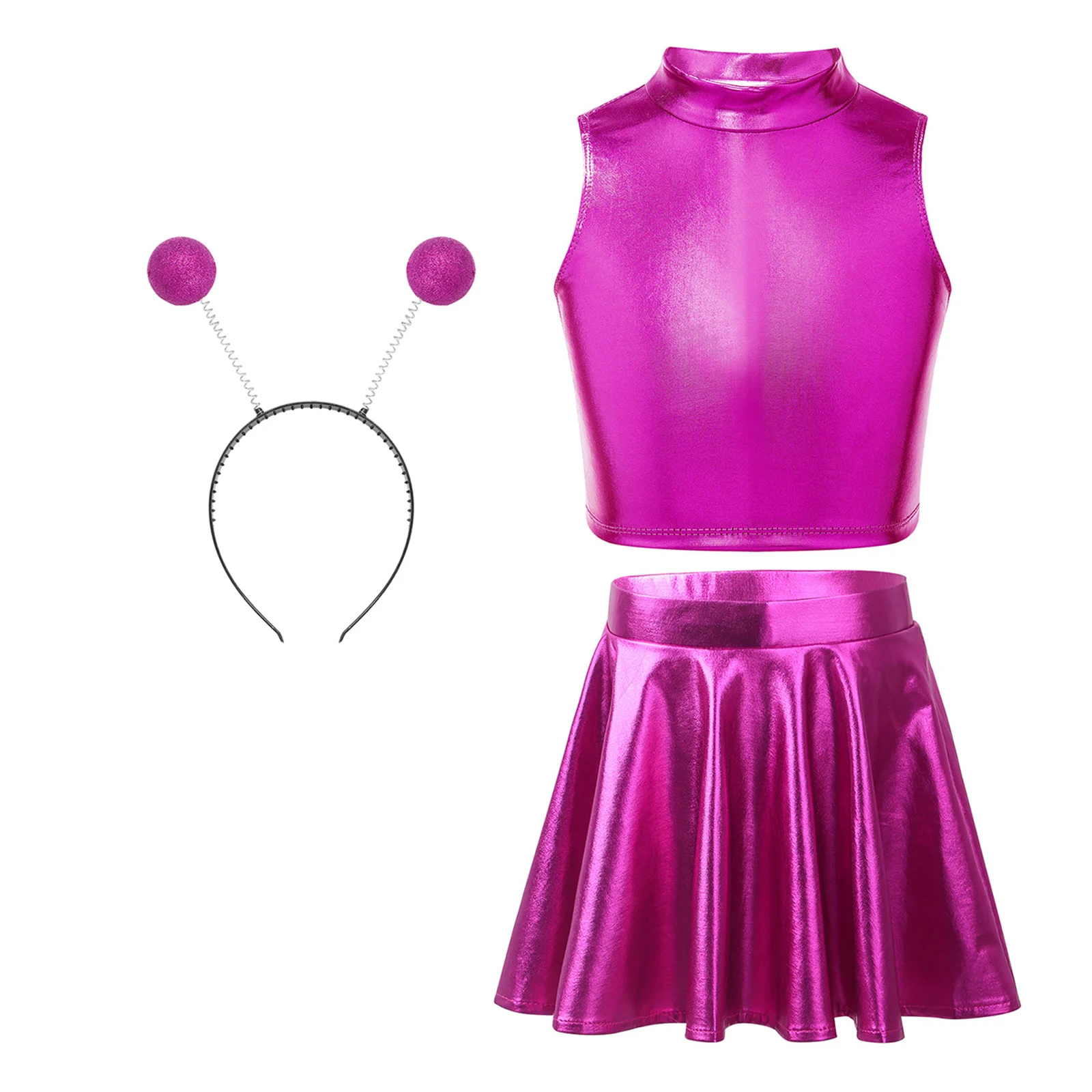 

Girls Alien Cosplay Costume Tank Tops with Flared Pleated A-Line Mini Skirt And Hair Hoop for Halloween Outer Space Man Outfits