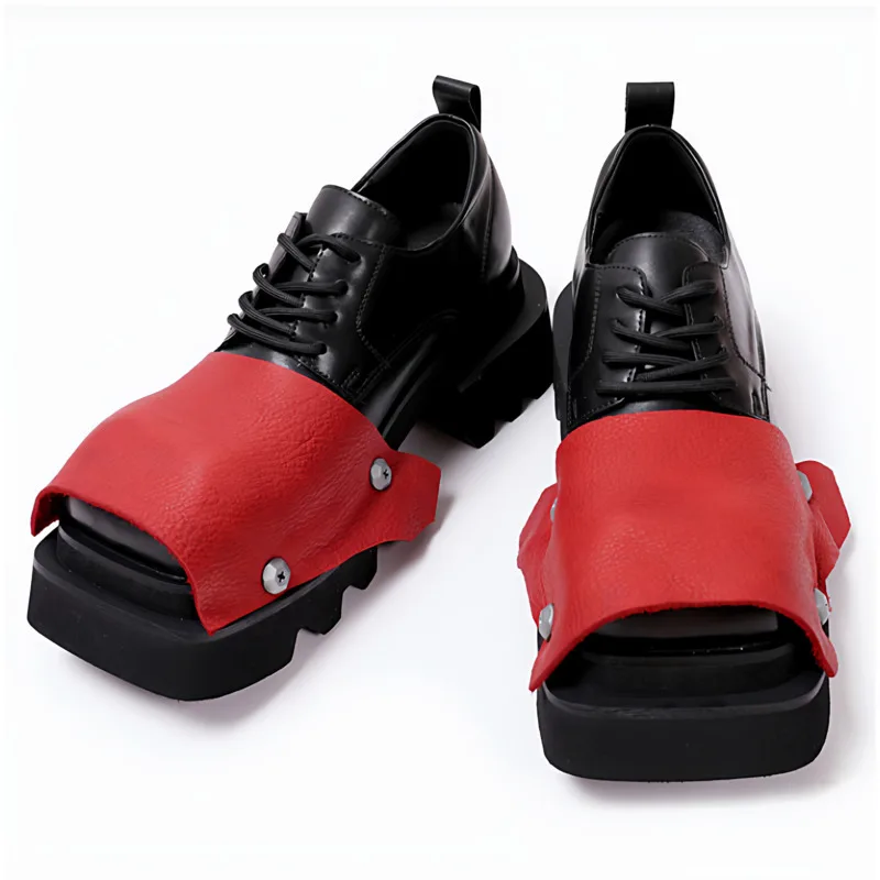 HKSH Women Shoes Niche Design Square-toed Stylish Contrast Color Patchwork Lace-Up Casual High Street Height-increasing HK26056