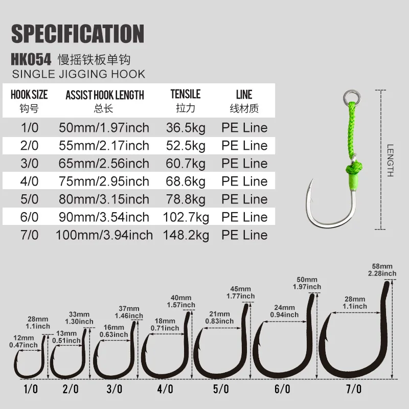 TEASER HK054 4pcs Single Jigging Assist Hook 1/0-7/0 Sharp Flat Forged PE Line UV Glow Saltwater Jigging Replacement Hooks