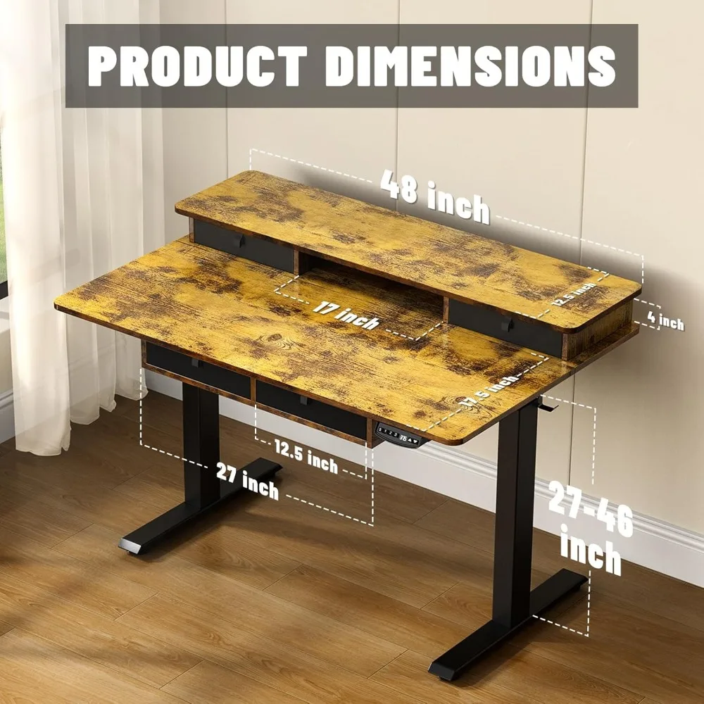 Mesa elétrica ampliada de 48 * 30 polegadas, altura ajustável com 4 gavetas, prateleiras duplas de armazenamento, mesa de pé