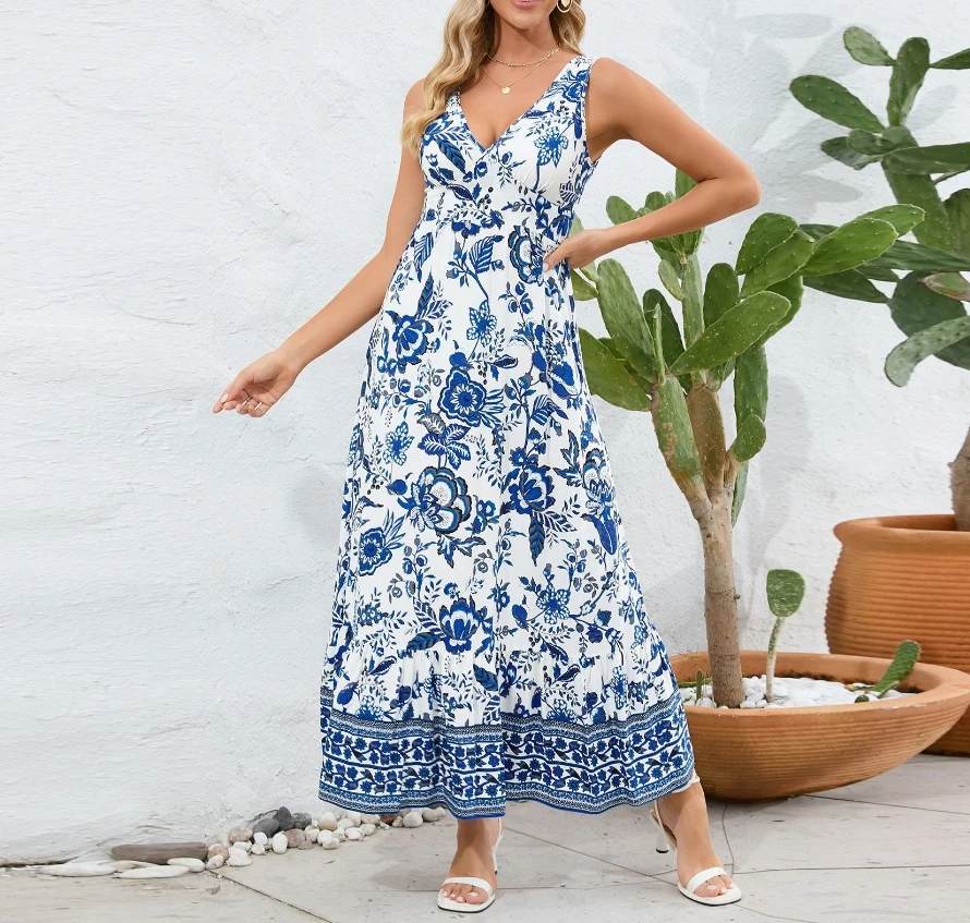 Vestido largo de cintura alta sin mangas para mujer, vestido bohemio con estampado Floral Retro, cuello en V, cintura alta, vacaciones de verano