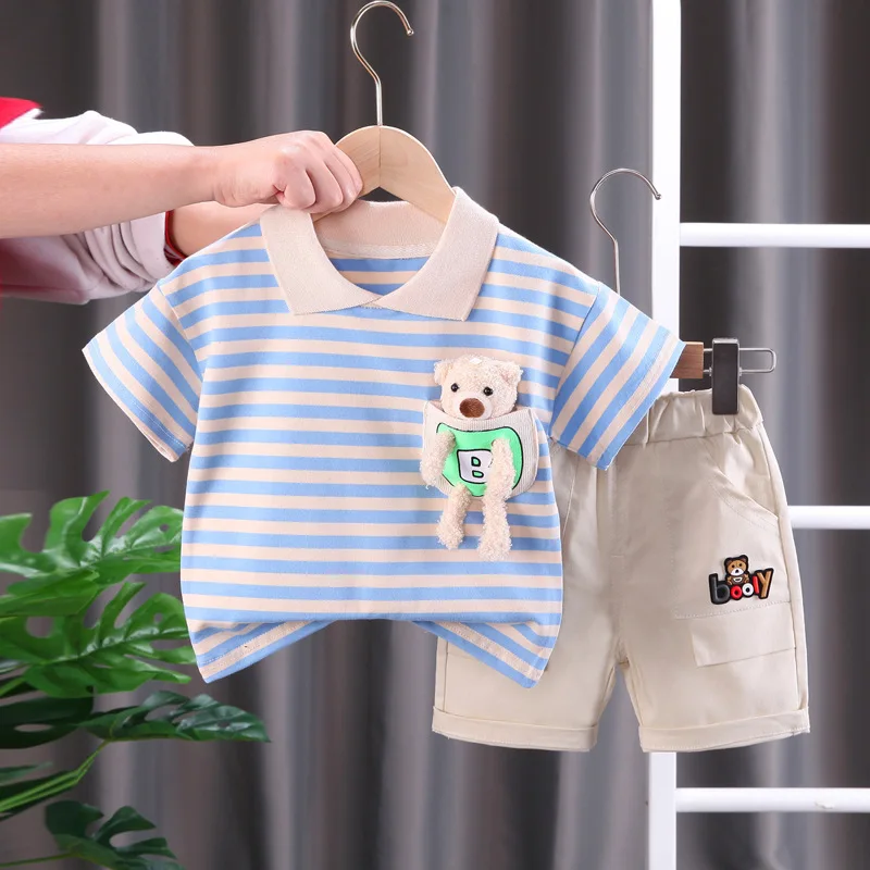 Fashion Summer Kids Baby Boys Striped Suits Short Sleeve T-Shirt with Doll+Shorts Casual Clothes Outfit Girls Clothing 2PCS/Set