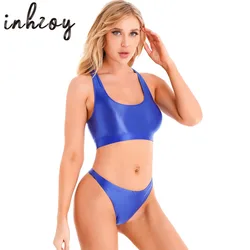 Women Glossy Swimsuit Outfit Oil Shiny Camis Crop Top Sports Fitness Smooth Tank Tops T-shirt With Panties Boxer Shorts Swimwear