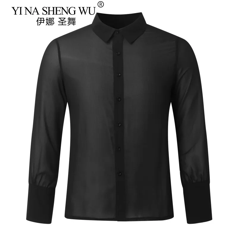 Men's Latin Dance Top Black Thin Breathable Casual Top Men's Sexy V-neck Long Sleeves Turn-down Collar Single-Breasted Shirt