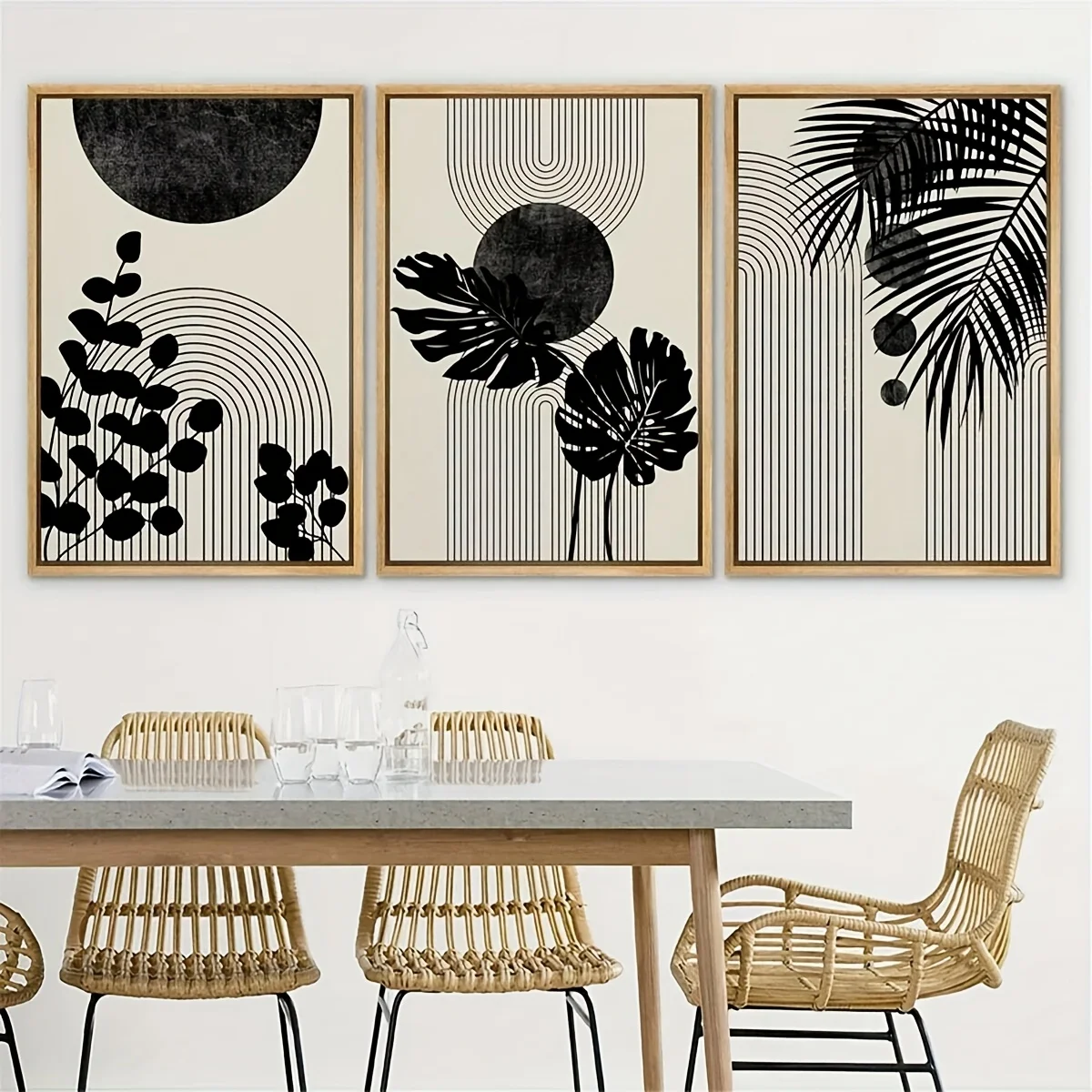 3pcs Canvas Print Wall Art Geometrid Plant Collage Abstract Shapes Illustrations Mid Century Modern Art Neutral Boho Decor No Fr