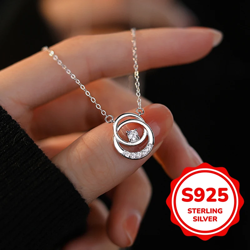 

s925 sterling silver double ring necklace for women light luxury classic elegant fashion retro simple casual daily life