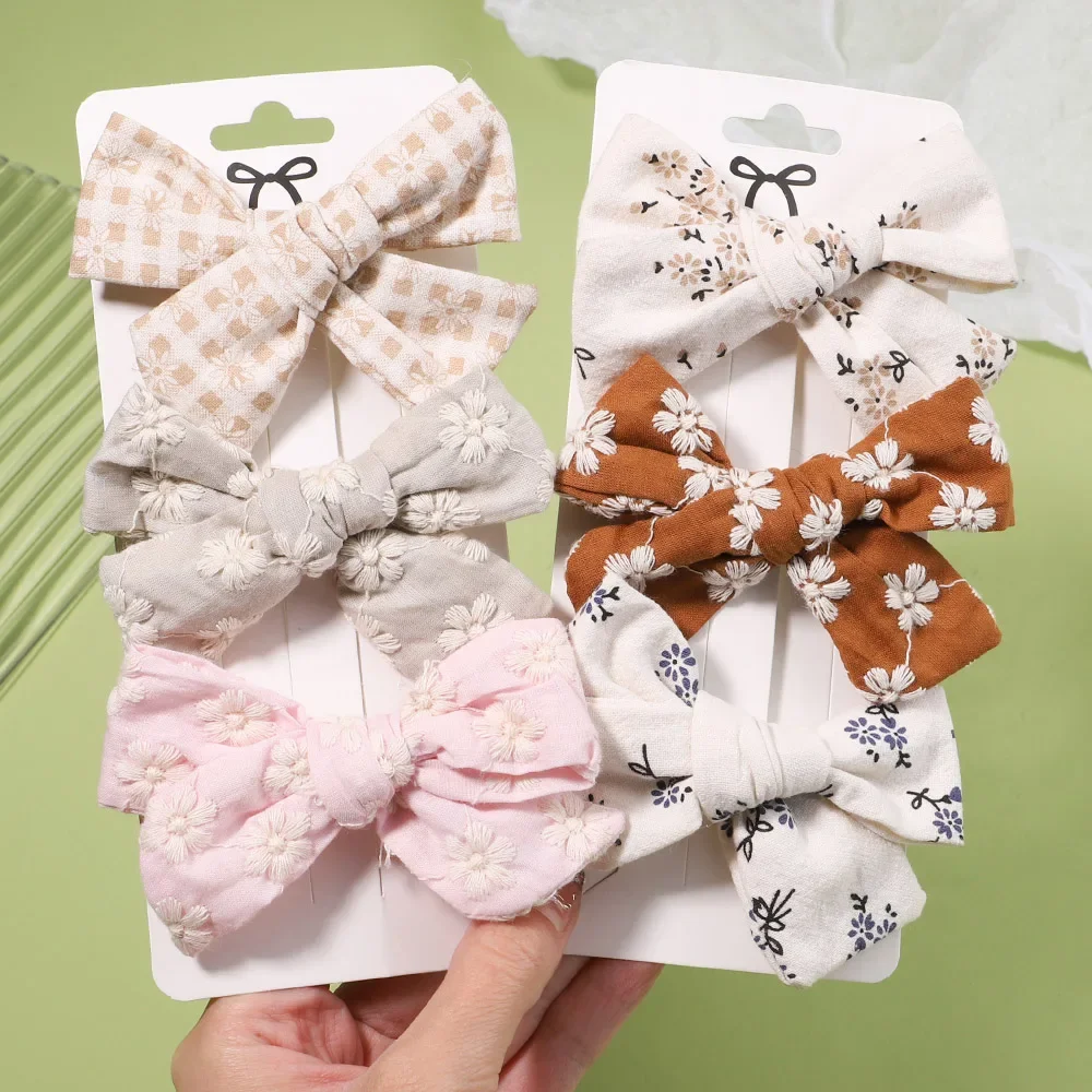 10Pcs/Set Flower Print Bow Hair Clips For Kids Girls Floral Embroidery Bowknot Barrettes Headwear Hair Accessories Wholesale