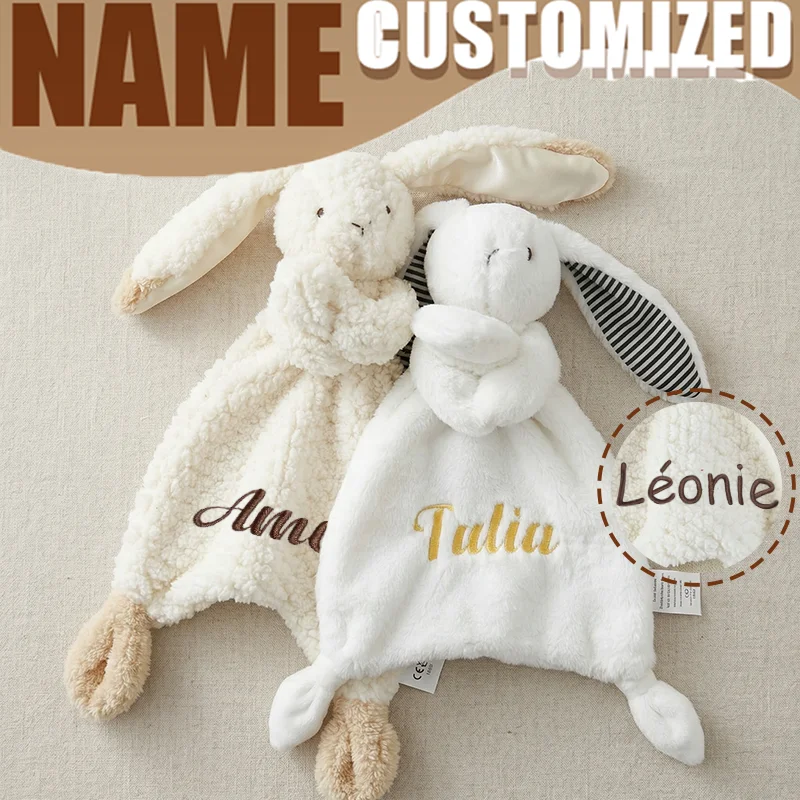 Customizable Baby Name Handkerchief with Cute Rabbit Sleepy Doll - Personalized Baby Shower Gift for Birth Comforter