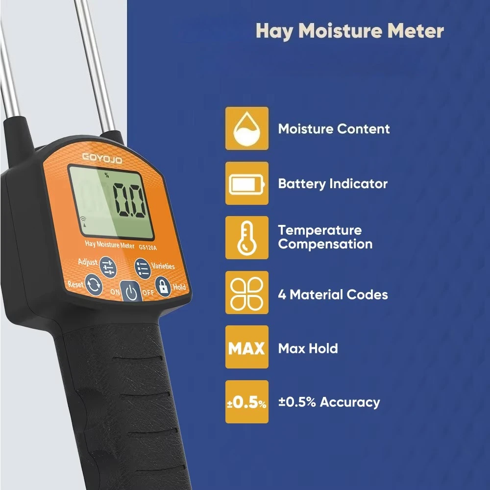 GS120A Hay Moisture Tester Accurate Probe Temperature Detect for Forage Alfalfa LED Automatic Portable Hay Bale Moisture Tester