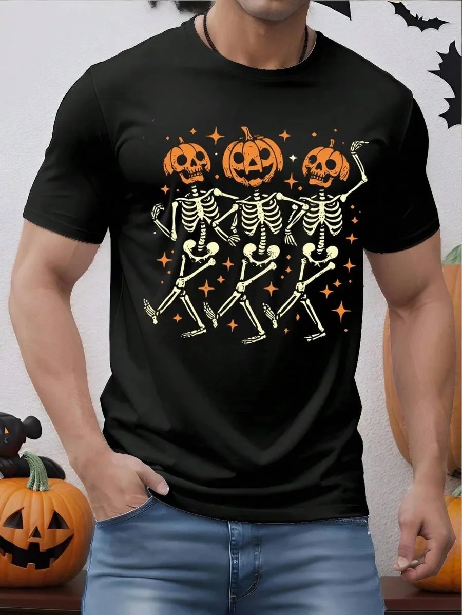 

Halloween Themed Skeletons Dancing with Pumpkin Elements Cotton Printed Tshirt Ideal for Halloween Parties and Gatherings