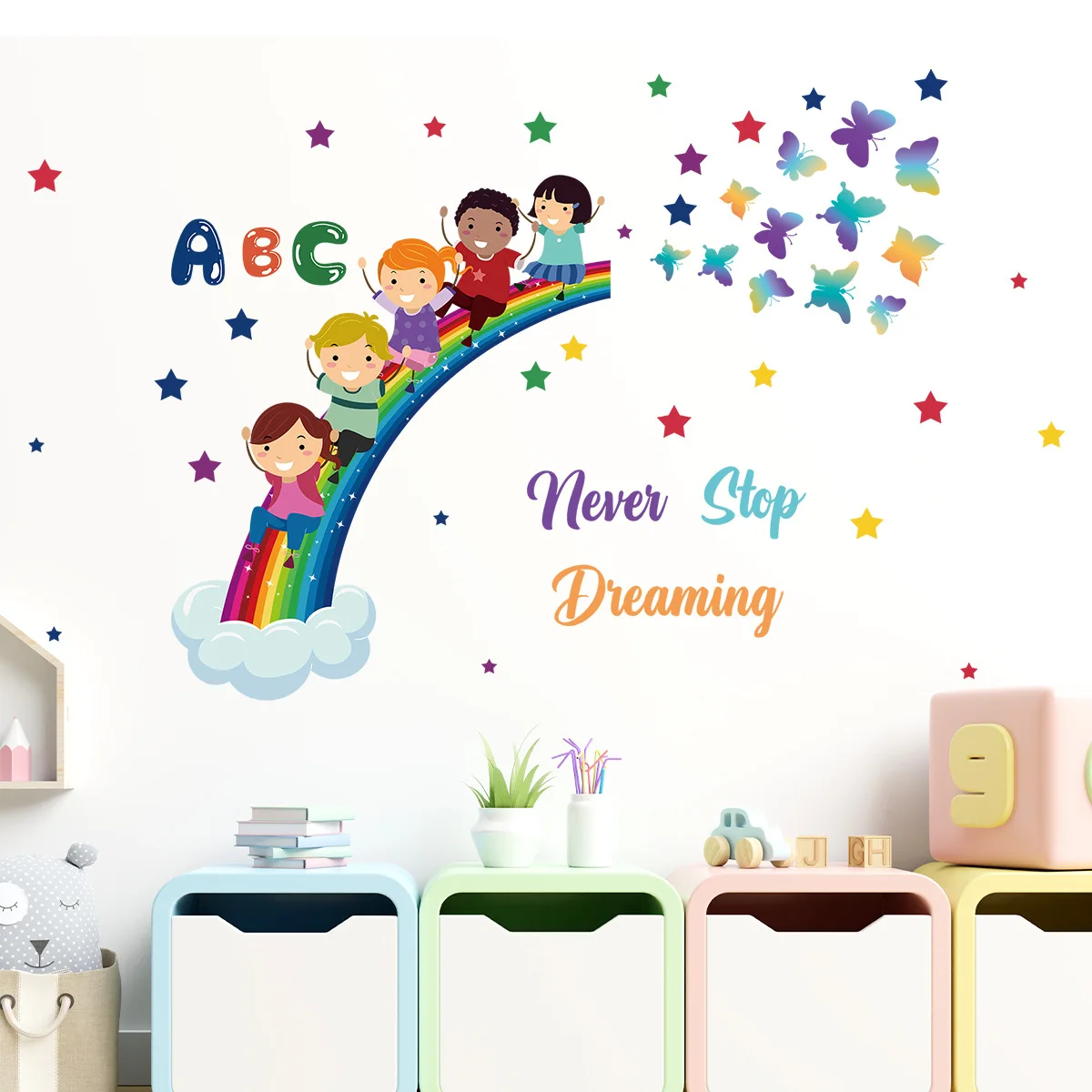 Cartoon children's fun rainbow slide self-adhesive wall stickers cute children's room background wall decoration stickers